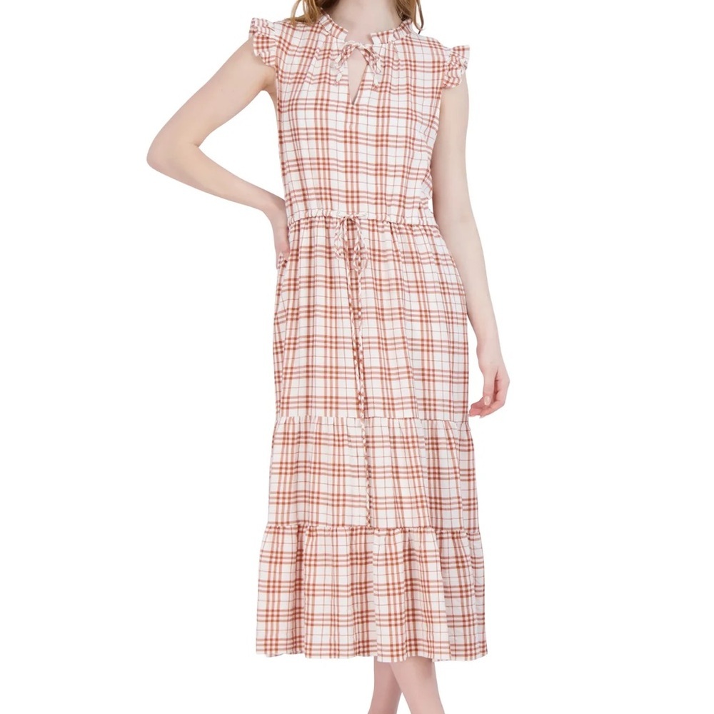 NWT Julia Jordan Plaid Midi Dress Tie Neck Ruffle Sleeve Tiered Size 6 - Picture 3 of 6